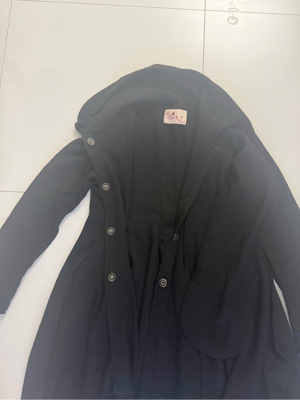 Black Long Bubble Hem Coat with Scarf Collar - Picture 2 of 9